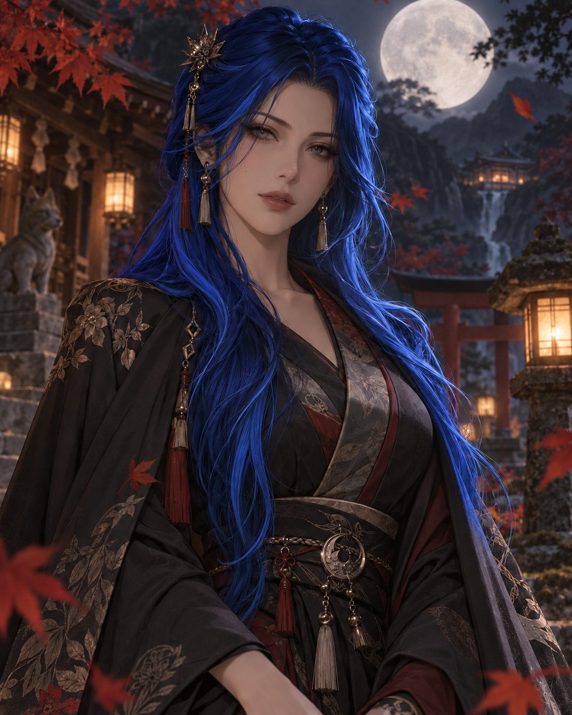 Portrait semi-réaliste fictif de Miyori aux cheveux bleus, adulte de 31 ans