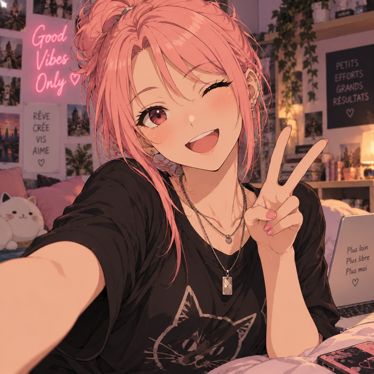 Portrait anime fictif de Yuna, femme adulte de 26 ans aux cheveux roses